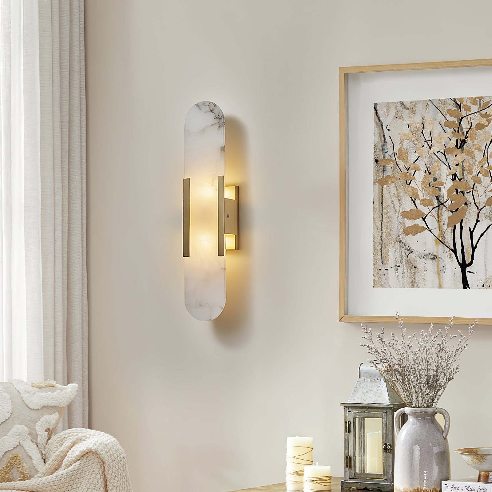 AlabasterGlow - Elegant Wall Light with Brass Accents